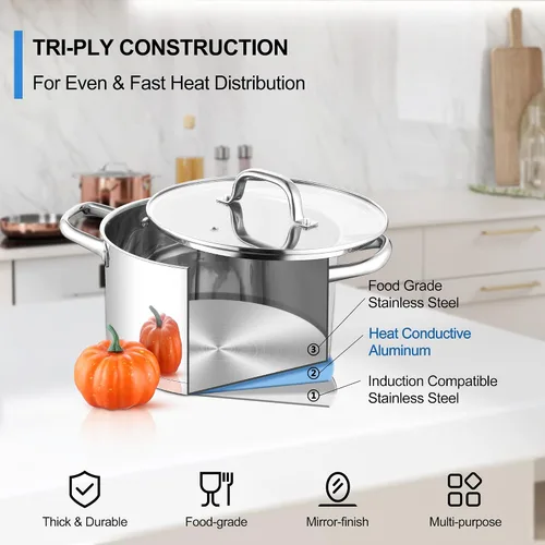 Vista 8 de Homikit Olla de acero inoxidable de 4 cuartos de galón, olla de inducción con tapa para sopa, salsa de pasta, cocinar a fuego lento, parte inferior