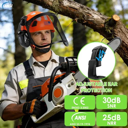 Vista 6 de Aolamegs Casco de motosierra con protector facial y orejeras, casco forestal naranja con protección auditiva y máscara de malla completa, casco