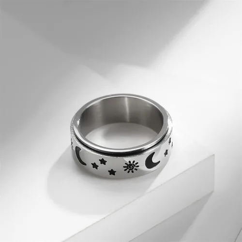 Vista 2 de Anillos giratorios de acero inoxidable de titanio con estrella de luna negra para mujeres, hombres, adolescentes, niñas, delicados anillos