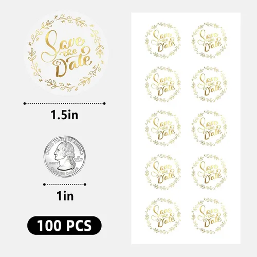 Vista 2 de 100 calcomanías para guardar la fecha, sellos de sobres de lámina dorada transparente para invitaciones de boda, despedida de soltera, fiesta