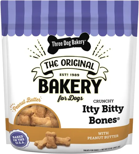 Vista 9 de Three Dog Bakery Crunchy Itty Bitty Bones, sabor a mantequilla de maní, golosinas prémium para perros, caja de 13 onzas