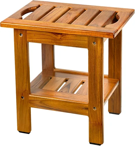 Vista 7 de VaeFae Banco de ducha de teca, taburete de ducha de baño de spa con estante de almacenamiento, taburete de asiento de madera para baño