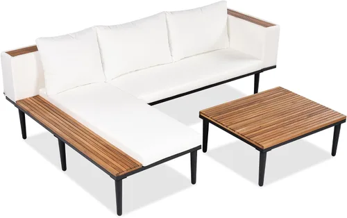 Vista 8 de KLMM Sofá modular de madera de acacia en forma de L para patio con cojines extraíbles y mesa auxiliar, juego de conversación al aire libre con mesa