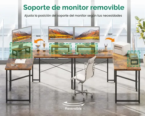 Vista 4 de AODK Escritorio para juegos en forma de L, escritorio de esquina para computadora, mesa de escritorio para juegos de PC con soporte elevador