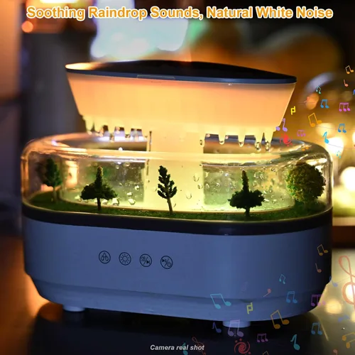 Vista 2 de Humidificador de lluvia – Humidificador ultrasónico de lluvia con efecto de gota de agua simulado, niebla silenciosa para dormitorio, oficina
