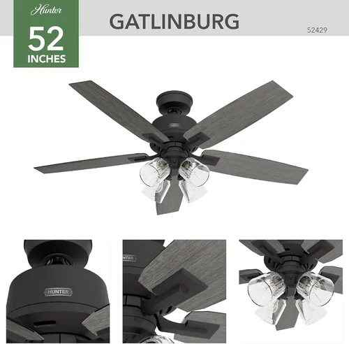 Vista 9 de Hunter Gatlinburg, ventilador de techo, para interiores, 5 aspas, 52 pulgadas, negro mate con luces LED y control remoto, montaje estándar