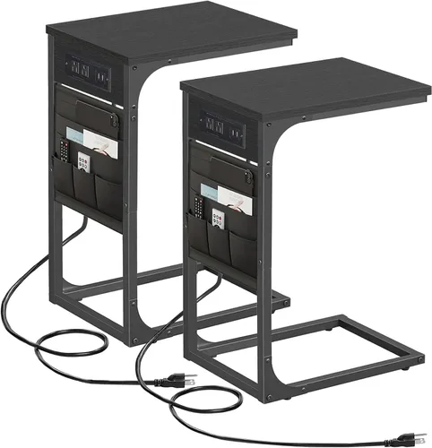 Vista 21 de TUTOTAK - Mesa auxiliar en forma de C, mesa lateral para sofá, mesa de sofá con bolsa de almacenamiento, bandeja para TV para sala de estar, Negro