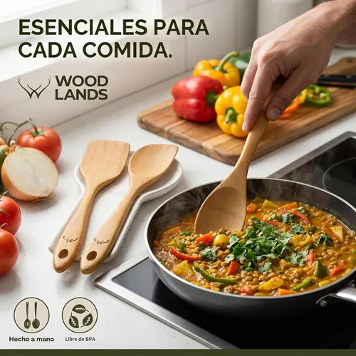 Vista 3 de Prime - Juego de 3 cucharas de madera de bambú para cocinar, utensilios de cocina de madera con mango largo, incluye cuchara plana de madera