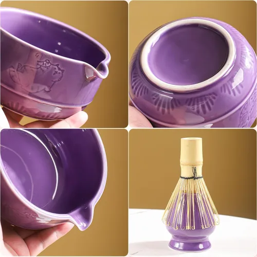 Vista 5 de Juego de té matcha tradicional con batidor de bambú, cuenco y soporte de cerámica morado, estilo japonés de 3 piezas (púrpura)