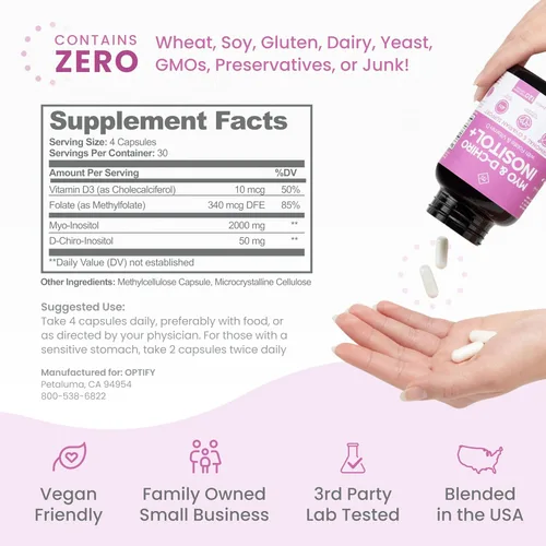 Vista 5 de Optify Suplemento de mio-inositol y D-Chiro inositol para mujeres - Proporción 40:1 más folato y vitamina D - Apoya el equilibrio hormonal