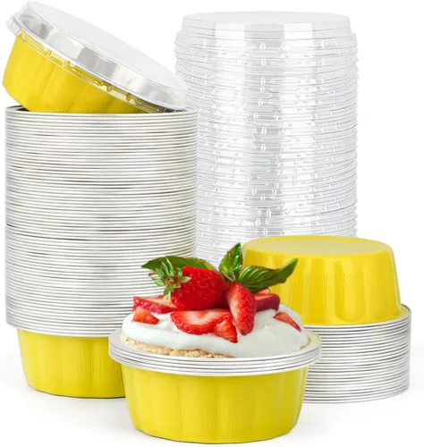 Vista 90 de Beasea Disposable Ramekins with Lids, 50 Pack 8oz 235ml Aluminum Foil Baking Cups with Lids, Aluminum Creme Brulee Ramekins Muffin Cupcake Pudding