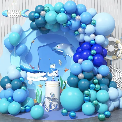 Vista 11 de Kit de arco de globos azules, kit de guirnalda de arco de globos azul marino y blanco con globos de confeti azul claro azul cromado, globos azules