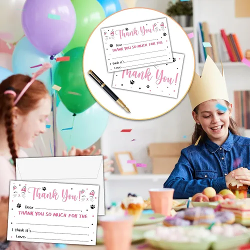 Vista 3 de Lindas Tarjetas de Agradecimiento de Gatos, Tarjeta de Agradecimiento con Espacio para Rellenar de Gato y Gatito, Notas de Agradecimiento de Gatito