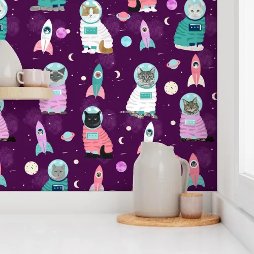 Vista 8 de Muestro de papel tapiz extraíble – Gatos espaciales Gato lindo gatito gatito púrpura mascota Retrato personalizado pre-pegado papel pintado por