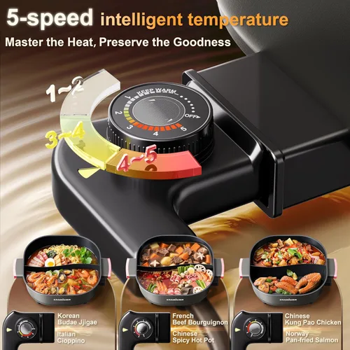 Vista 4 de Stariver Olla eléctrica de 6L con divisor, 1300 W, olla de doble sabor para dos caldos, control de 5 temperaturas y revestimiento antiadherente