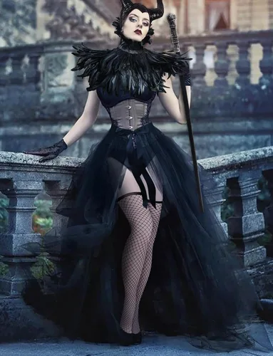 Vista 5 de UQJE Disfraz de bruja gótica para mujer, falda de tul, chal de plumas y Negro1