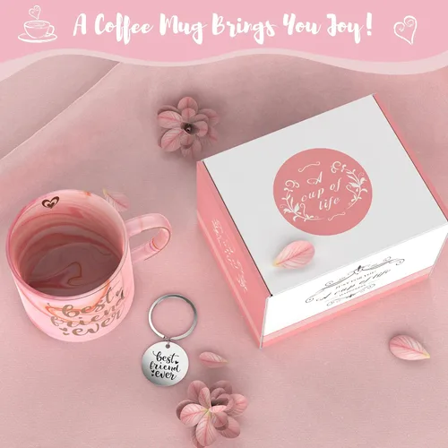 Vista 2 de Regalos para mejores amigas para mujeres, taza de café de mármol de cerámica rosa de 11.5 onzas con llavero - BFF Friend Ever - Regalos divertidos