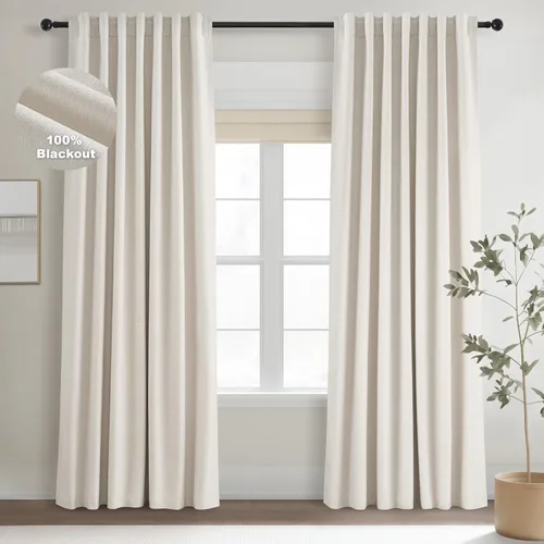 Vista 50 de Topfinel Cortinas opacas, blanco beige, 2 paneles, ventanas pequeñas, textura, mezcla de lino, bohemia, abedul, rural, gancho, bolsillo trasero