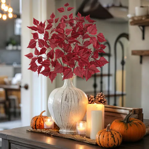 Vista 5 de Hollyone 3 hojas de abedul artificiales de otoño con tallos de seda de 33 pulgadas, ramas de hojas de otoño de color burdeos sintético, decoración