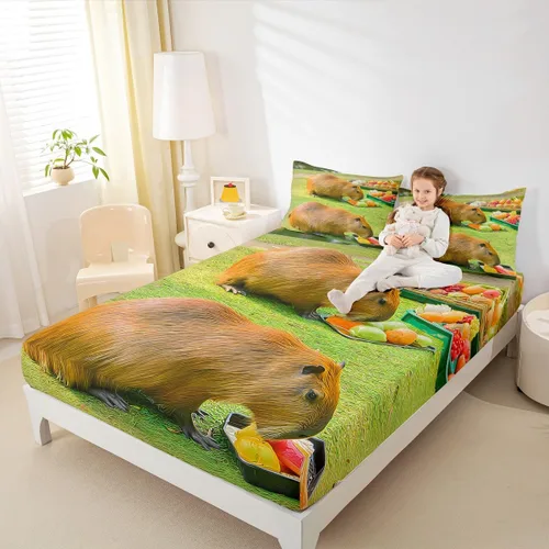 Vista 6 de Capybara - Juego de sábanas bajeras de tamaño individual para niños, amantes de los animales, para niños, adolescentes, regalos para amantes