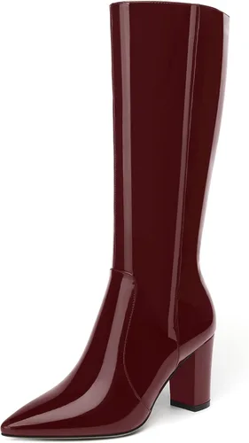 Vista 113 de AMBELIGHT Botas altas hasta la rodilla con cremallera y puntera puntiaguda para mujer, de patente sólida, tacón alto, 3.3 pulgadas