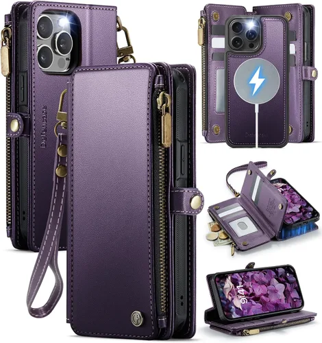Vista 17 de Defencase Funda magnética para iPhone 13 Pro compatible con Magsafe con bloqueo RFID, correa de cremallera y tarjetero para mujer, funda de piel