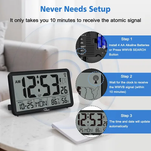 Vista 3 de WallarGe Reloj de Pared Atómico con Retroiluminación, Reloj de Pared Digital que Funciona con Pilas para Aula, Dormitorio, Oficina, Pantalla Grande