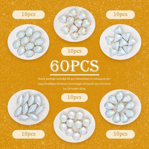 Vista 5 de TANOSII 60 diamantes de imitación para coser con formas mixtas, gemas de cristal con parte trasera plana mental con garra dorada para joyas, Azul