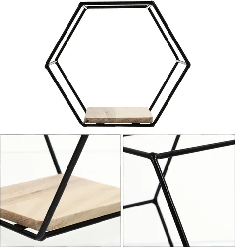 Vista 8 de Happyyami Estante de almacenamiento hexagonal de hierro negro montado en la pared, estante flotante decorativo para plantas suculentas y libros