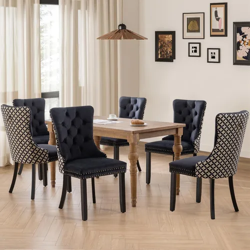 Vista 30 de Juego de 2 sillas de comedor tapizadas de tela de lino, sillas de cocina modernas de mediados de siglo con respaldo alto, ribete de cabeza de clavo
