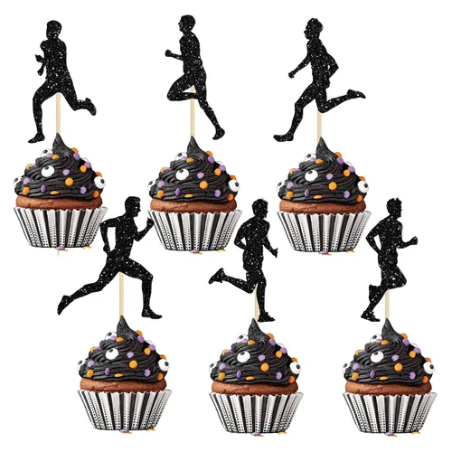 Vista 9 de Gyufise 24 piezas de adornos para cupcakes de motocicleta con purpurina negra para motocross, fiesta de motocross, para deportes, tema de motocross