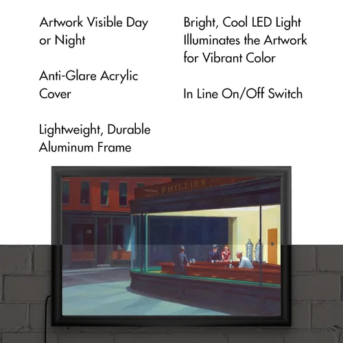 Vista 3 de Trademark Fine Art Edward Hopper 'Nighthawks' - Caja de luz LED retroiluminada con marco de metal, lista para colgar con cubierta acrílica