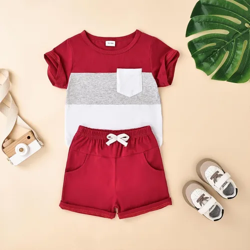 Vista 55 de Ropa para bebé niño pequeño, trajes de verano de manga corta, camiseta de retazos y pantalón con bolsillo, conjunto de 2 piezas, 12 meses a 4 años