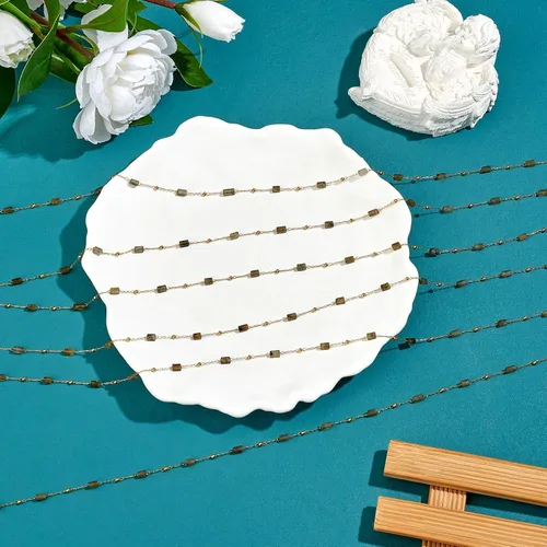 Vista 4 de Cadenas de cuentas rectangulares naturales sin soldar, cadena de rosario con hallazgos dorados para mujeres y niñas, Latón+Esmalte