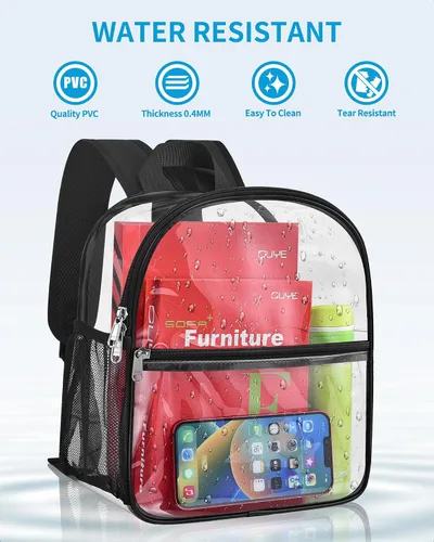 Vista 4 de Mini mochila transparente aprobada para estadios con correa ajustable, impermeable, transparente, PVC para trabajo, viajes, conciertos, playa