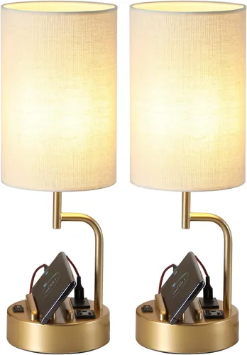 Vista 12 de Dreamholder - 2 lámparas de mesa con 3 puertos de carga USB, moderna lámpara de escritorio con toma de corriente alterna y soportes para teléfono