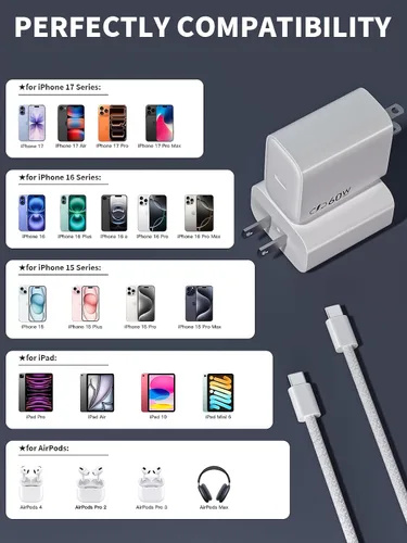 Vista 11 de Adaptador de corriente dinámico Apple de 40W-60W, cargador USB C rápido, paquete de 2 cargadores de iPhone, carga rápida de 6 pies, cables de carga