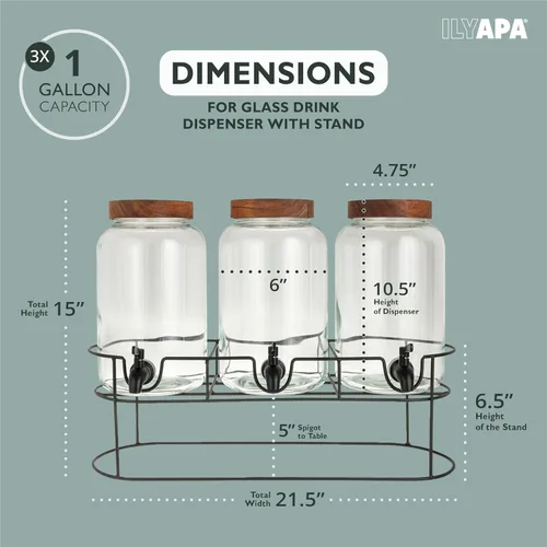 Vista 2 de Ilyapa Dispensador de bebidas de vidrio para fiestas - paquete de 3, dispensador triple de bebidas múltiples de 1 galón con soporte, tapas de madera