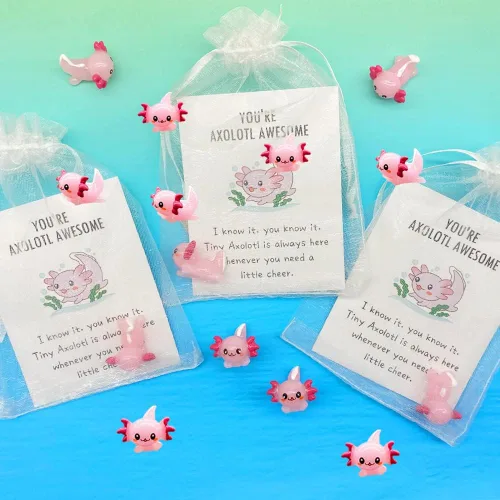 Vista 4 de 90 piezas de regalo inspirador mini ajolote de resina con regalo de agradecimiento, tarjetas de animación, bolsas de regalo de organza blanca