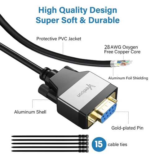 Vista 4 de Adaptador USB 2.0 a serie (FTDI Chipset), 1 pie USB A a RS232 hembra DB9 convertidor de pines Cable serie con bridas para Windows 11, 10, 8.1, 8, 7