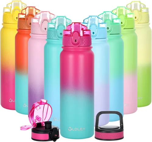 Vista 33 de Oldley Botella de Agua Aislada con Pajilla de 20oz, Botellas de Agua de Acero Inoxidable con 3 Tapas, Aislamiento al Vacío de Doble Pared Térmica