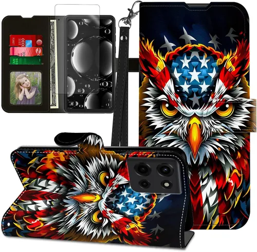 Vista 23 de Funda para Motorola Edge 2022 con protector de pantalla, soporte y tarjetero y correa para la muñeca, funda magnética para Moto Edge 2022 5G UW Lobo