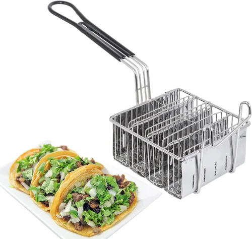 Vista 6 de SOTECH Cesta de tortilla para freír en la cocina, molde para freír para freír y freír grasa profunda, cesta cuadrada de acero inoxidable (4 conchas)