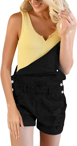 Vista 4 de GRAPENT Pantalones cortos de mezclilla rasgados con tirantes ajustables para mujer