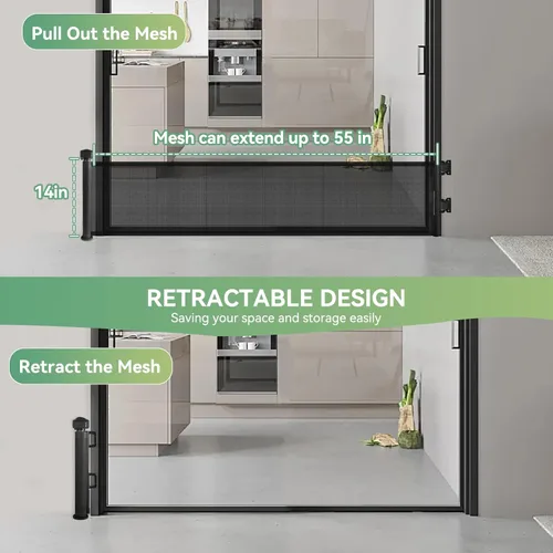 Vista 7 de Puerta corta para perro, puertas retráctiles para perros de 14 pulgadas de alto, puerta retráctil de malla para mascotas, extendida hasta 55