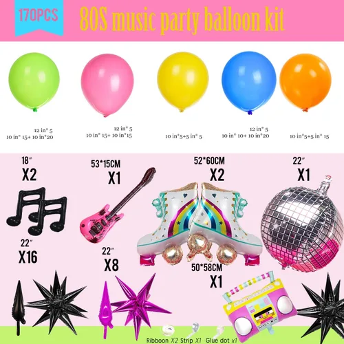 Vista 7 de Kit de arco de guirnalda de globos con temática musical de los años 80, 160 piezas con guitarra, bola de discoteca, nota musical, globo de mylar