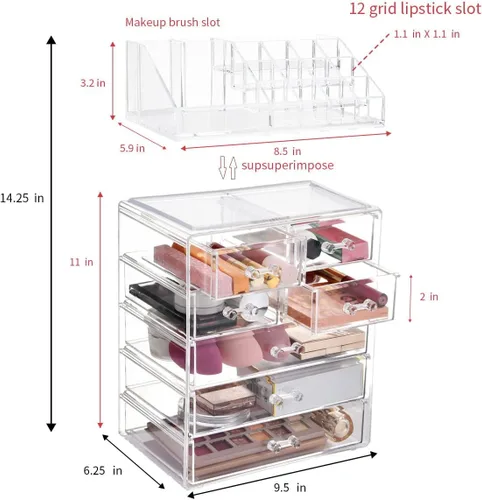 Vista 5 de Organizador de maquillaje transparente con soporte para pinceles, gran exhibición de cosméticos de acrílico y organizador de maquillaje