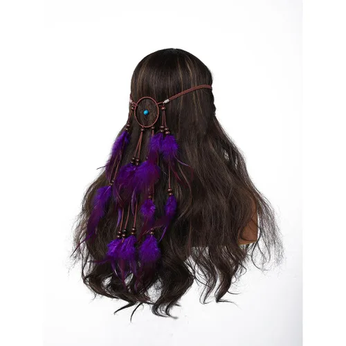 Vista 6 de Gangel Diadema de plumas turquesas, tocado indio gitano, atrapasueños, hippie, plumas, con plumas moradas, cuerda de cáñamo larga con borla