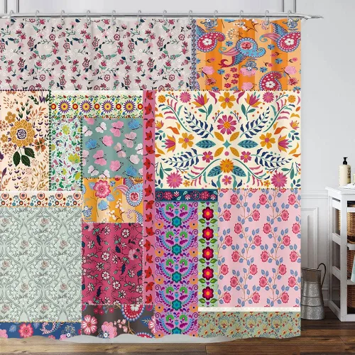 Vista 35 de Cortina de ducha de mariposa floral negra y dorada, cortina de ducha bohemia con diseño botánico de flores oscuras para baño con gancho, juego