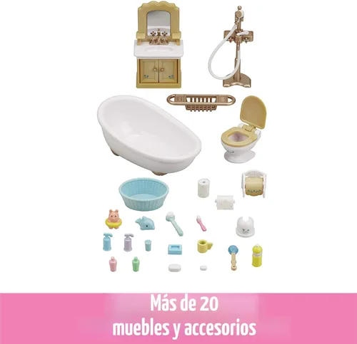 Vista 2 de Calico Critters - Lote de muebles de baño rústicos de juguete para casa de muñecas y accesorios para edades de 3+